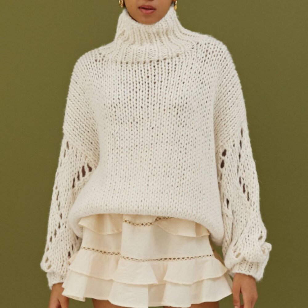 Pointelle Sleeve High Neck Hand-Knit Sweater in Cream | Chicwish